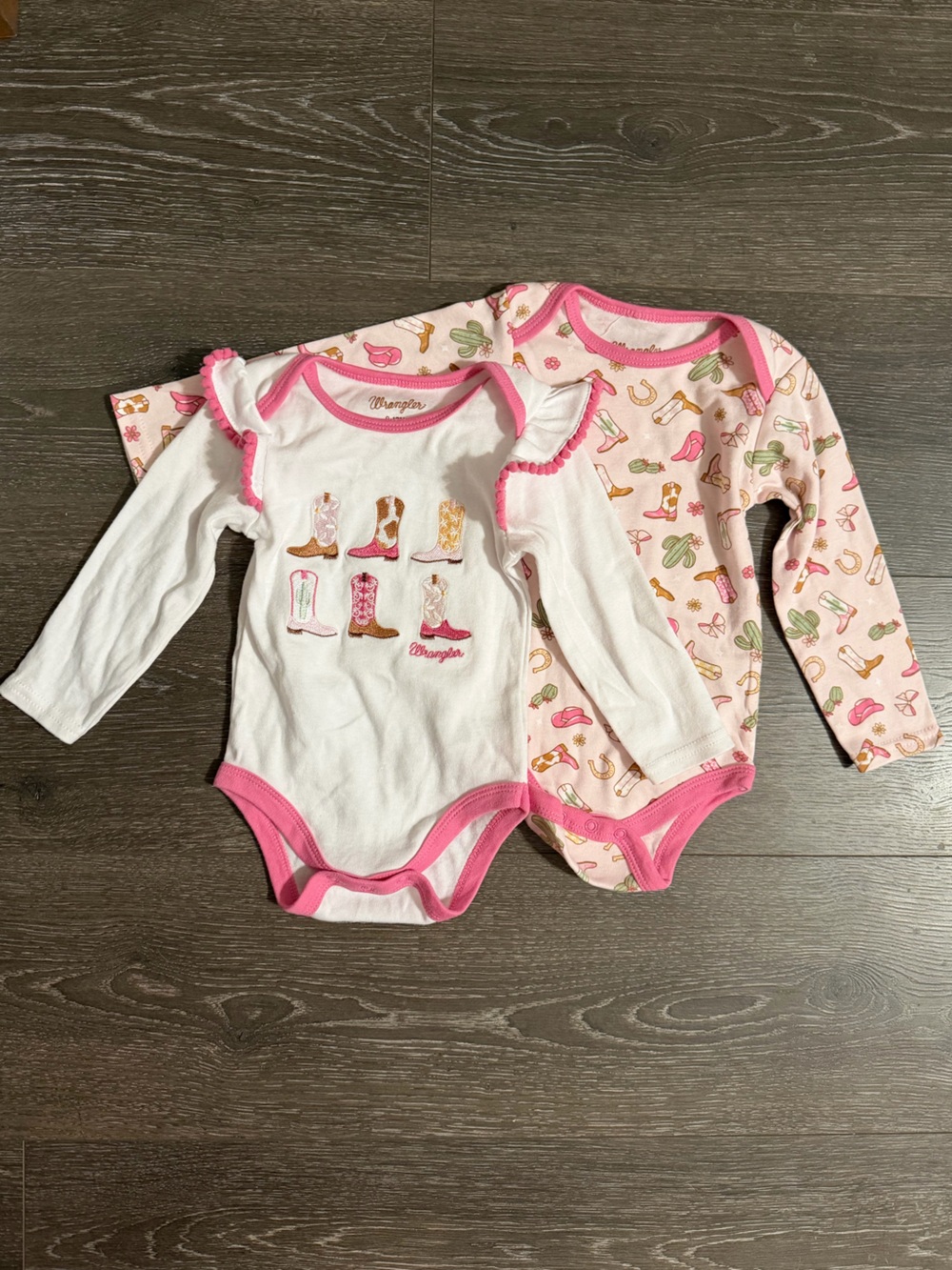 Wrangler Girls' 2 Long-Sleeve One-Piece Bodysuits in White & Light Pink